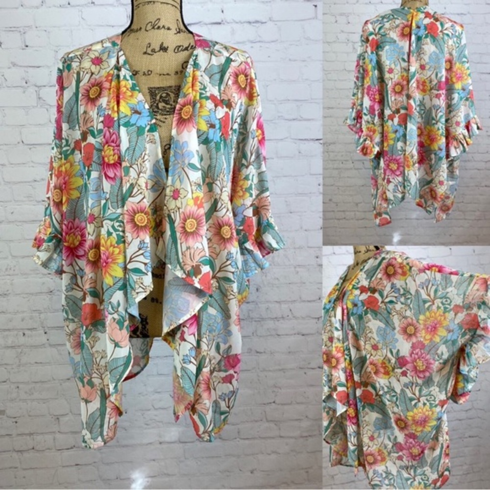 Umgee Floral Print Open Front Ruffle Sleeve Kimono